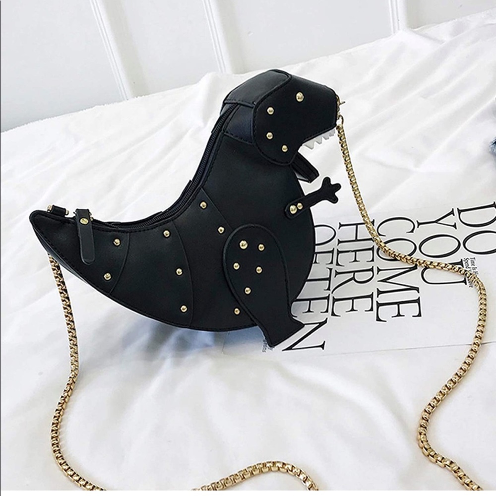 🦖 NWT Black T Rex Dino Shoulder Crossbody Bag Gold Chain Strap Cute Fun Novelty